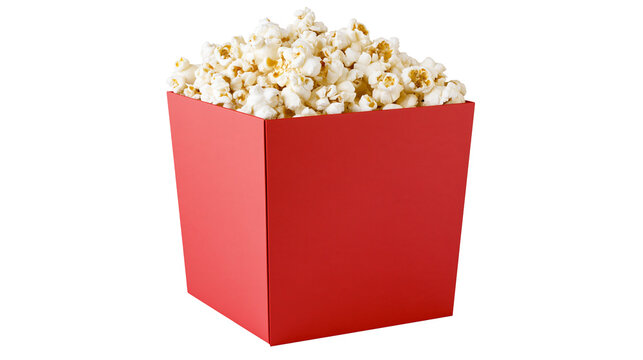 Isolated red paper box full of delicious golden popcorn kernels for movie night entertainment