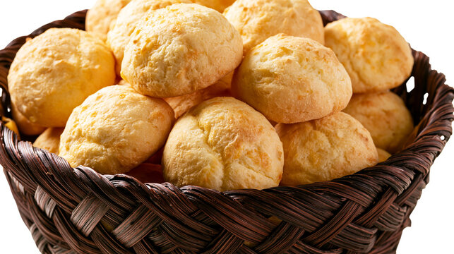 Isolated delicious traditional Brazilian cheese bread, also known as p&atilde;o de queijo, in a rustic basket