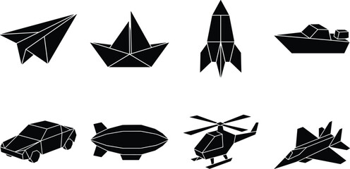 Origami geometric vehicles and transport black silhouette vector set isolated on white background © MissSuborna