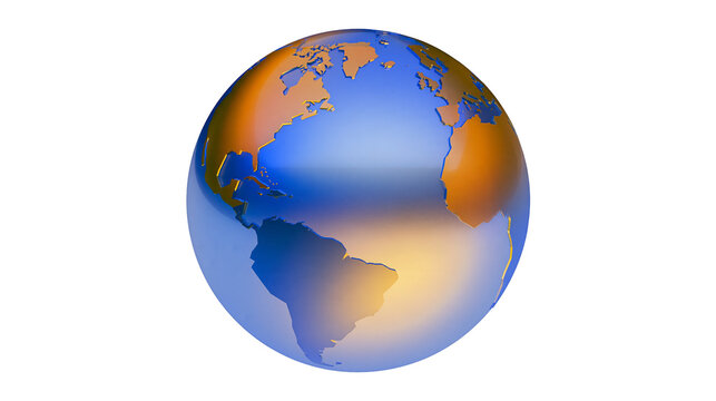 Isolated abstract three-dimensional rendering of a vibrant blue and orange Earth globe map
