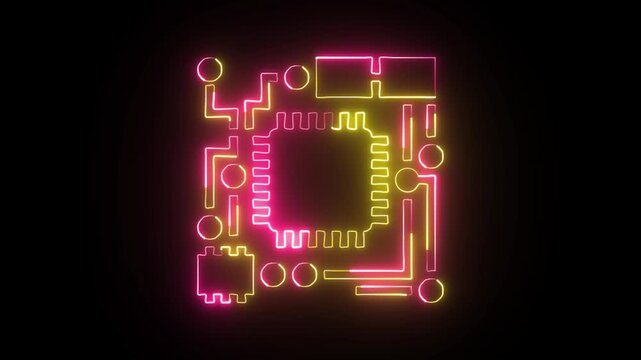 Neon yellow and pink digital microprocessor circuit board icon on black