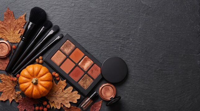 Autumn makeup flat lay with eyeshadow palette and pumpkin
