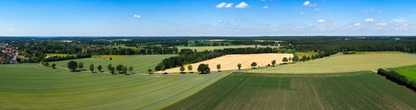 Aerial field panorama. Farming landscape panorama. Aerial rural countryside landscape with farmland field. Panoramic agricultural land and natural landscape. Panoramic aerial field outdoor