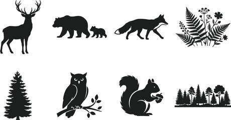 Obraz premium Woodland forest animals and nature elements black silhouette vector set isolated on white background