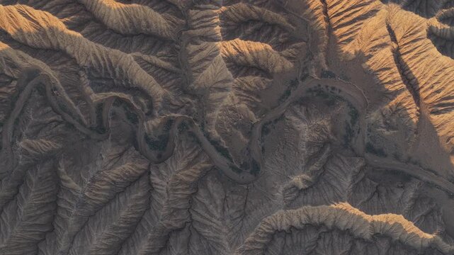 Aerial view of winding river in Ak Say, Kyrgyzstan.