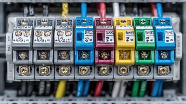 Close-up of a complex electrical distribution panel with color-coded busbars and circuit breakers for industrial automation.