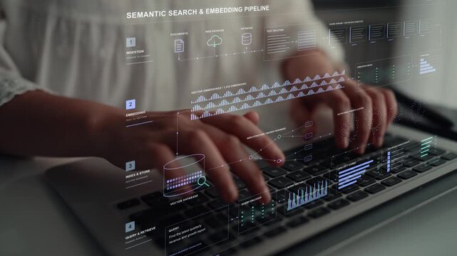 Work continues on a laptop. Semantic indexing organizes document content in a vector database, allowing encoded queries to retrieve related information through nearest-neighbor comparisons.