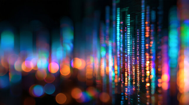 Abstract Digital Data Stream and Glowing Bokeh Lights