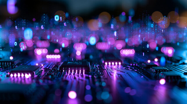 Futuristic Circuit Board with Glowing Binary Data and Microchips