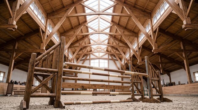 Indoor Equestrian Arena with Wooden Show Jumping Obstacles