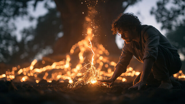 Mystical Man Touching Glowing Magical Energy in Forest