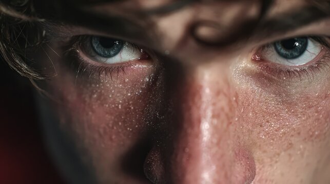 Intense Effort: Close-up of a Young Athlete&rsquo;s Sweaty Face, Focused Determination and Physical Strain During Training.