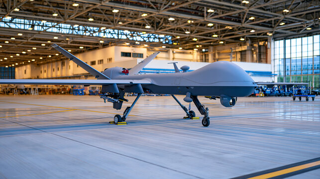 Premium aerospace advertising photograph of a grey military UAV positioned alone inside a cavernous warehouse facility, low three-quarter perspective highlighting the smooth fuselage and domed nose,