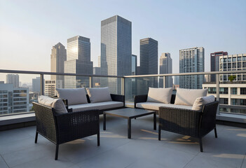 Fototapeta premium Urban lifestyle and luxury real estate, modern rooftop terrace with outdoor furniture overlooking a high-rise city skyline at sunset