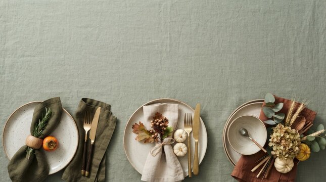 Three place settings decorated for Thanksgiving dinner on a textured green tablecloth with copy space