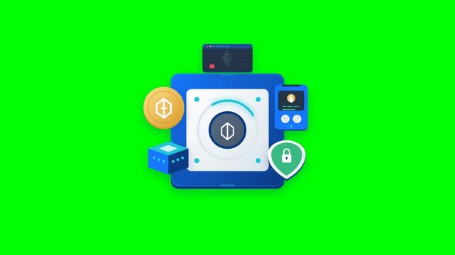 Modern 2.5D cryptocurrency blockchain animation showing digital asset transfer, crypto hardware wallet processing, blockchain verification, transaction security, and connected financial technology 