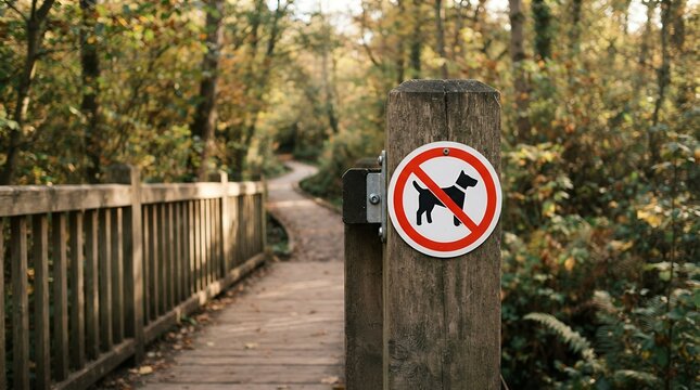 No dogs allowed sign on wooden post, nature reserve boardwalk trail with restriction symbol, autumn forest pathway with no pets warning
