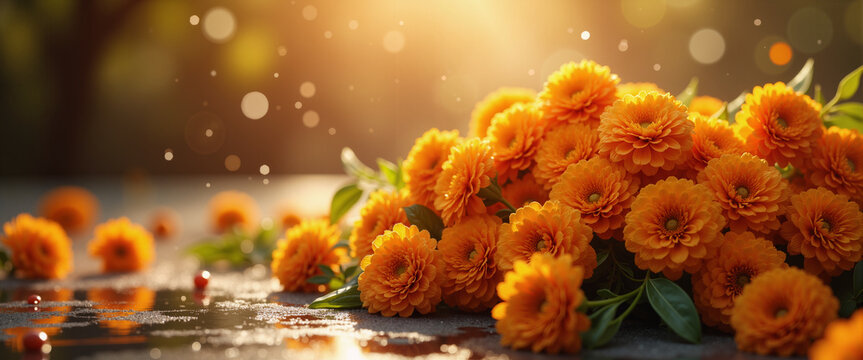 Close-up fresh marigold garland with dew drops in warm light for Diwali floral designs festive blog headers and cultural articles