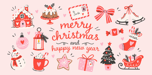 Obraz premium Christmas doodle illustration set with hand drawn festive elements. Cute red and pink holiday clipart collection with gifts, ornaments, snowman, gingerbread, sleigh and seasonal lettering