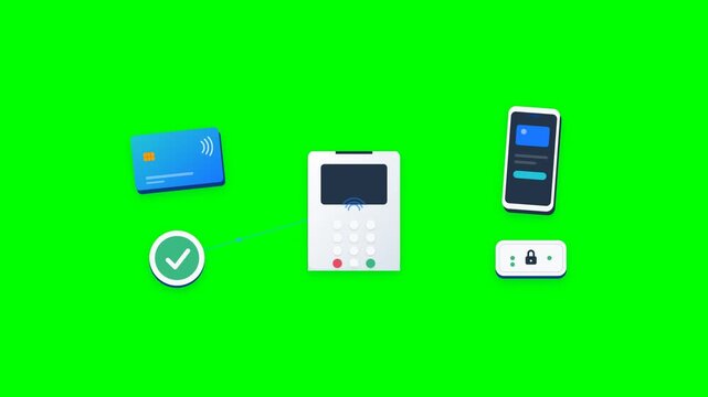 Modern payment transaction animation showing card and smartphone payment methods connecting with a contactless terminal, digital processing gateway, transaction authentication, and successful icon