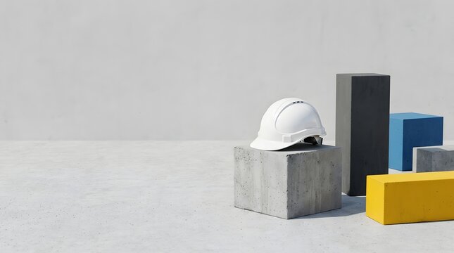 Minimalist composition of a white helmet atop stacked boxes in a neutral setting
