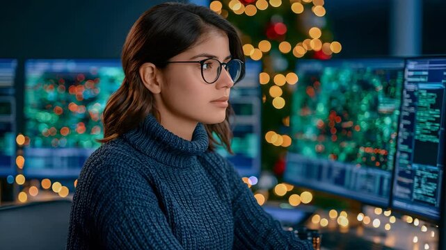 Cybersecurity analyst monitoring Christmas office