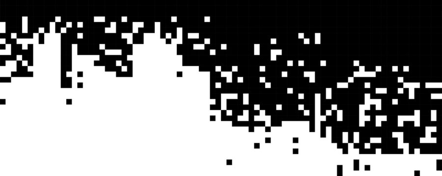 Black pixel mosaic dissolving into white space with geometric square patterns and halftone gradient effects creating modern digital dispersion art. Y2k pixel disintegration Vector design element