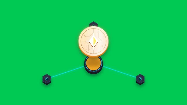 This premium, seamlessly looping 2D animation illustrates the decentralized blockchain network validating and minting a modern cryptocurrency coin. Designed 