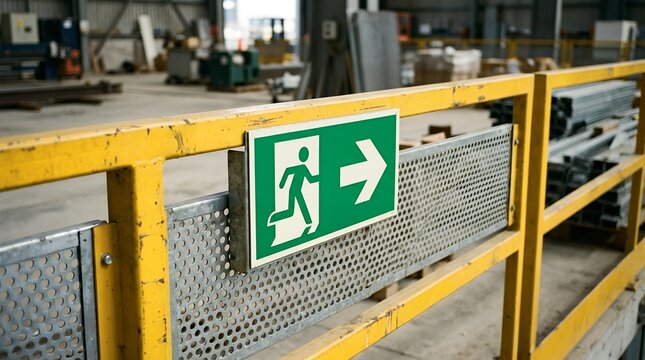 Green emergency exit sign in industrial factory, safety evacuation route indicator on yellow metal railing, warehouse hazard prevention concept