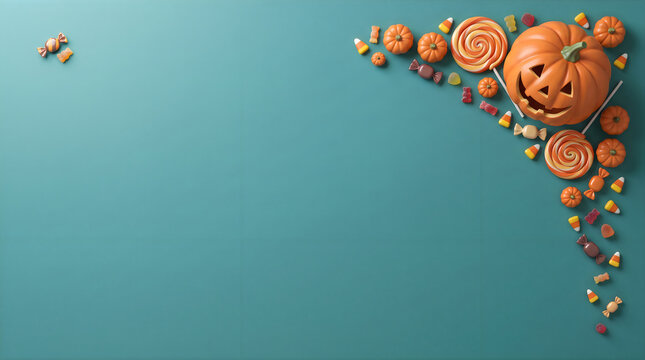 Festive halloween banner featuring a decorative corner arrangement of carved pumpkins and autumn leaves on blue background
