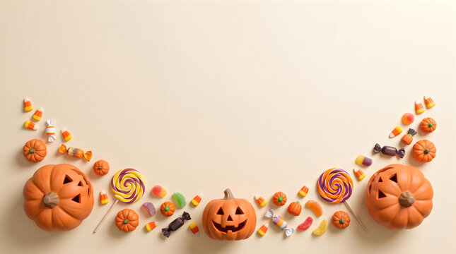 Festive halloween banner featuring carved pumpkins and assorted candies arranged on a light beige background with copy space