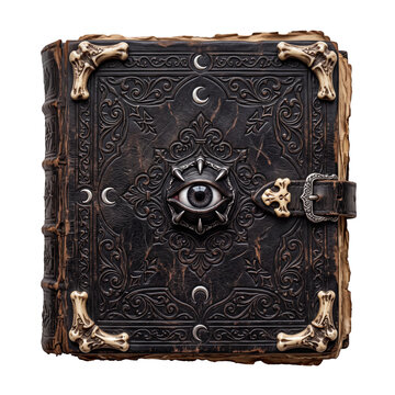 Ancient leather spellbook with realistic eye and bone ornaments