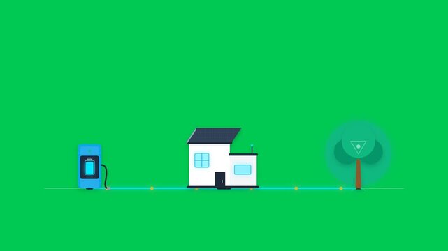 This premium seamless loop 2D animation visualizes a highly precise and modern sustainable energy ecosystem. It features a perfectly spaced smart home, electric vehicle charging station