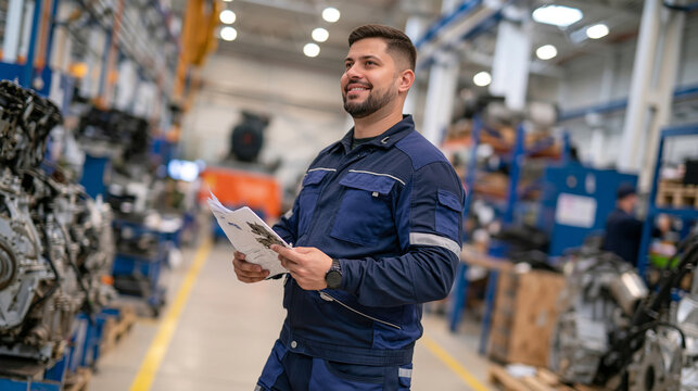 Maintenance technician striding confidently through a spacious mechanical workshop while studying a damaged component, unobstructed pathway framed by industrial equipment leads directly toward a mot