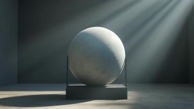 Spherical object illuminated by dramatic sunbeams in a minimalist concrete room
