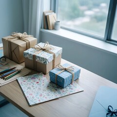 Naklejka premium Gift giving and celebration handmade presents with twine ribbon on a desk for holidays birthdays and special occasions in a bright home office