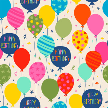 Fun hand drawn party seamless design with fun balloons. Great for birthday parties, textiles, banners, wallpapers, wrapping - vector design