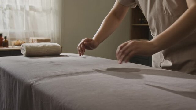 Caucasian young adult massage therapist smoothing sheet on treatment table in spa salon. Visual concept suitable for wellness clinic marketing, body care services and physiotherapy advertising