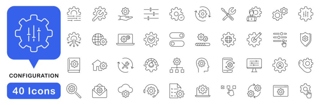 Configuration icon set. Setting icon in line style. Editable web icons setup, maintenance, gear mechanisms, update, control panel, installation, repair etc. Vector illustration.