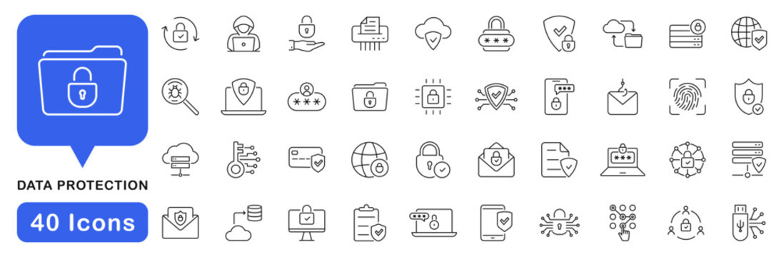 Data protection icon set. Cyber security icon in line style. Editable web icons safety, privacy, secure login, fingerprint, biometric, shield, lock, password etc. Vector illustration.