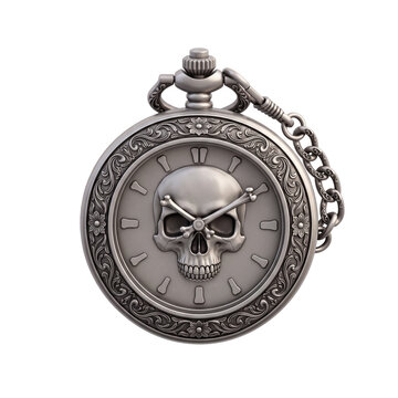 Ornate antique silver pocket watch featuring a skull and crossbones