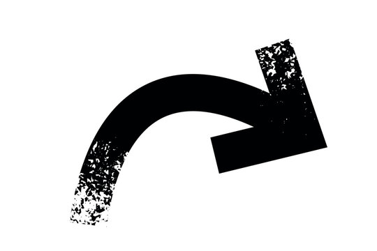 Curved arrow vector icon pointing right with black textured grunge effect. Isolated vector illustration of a direction pointer symbol, ideal for UI, web design, navigation