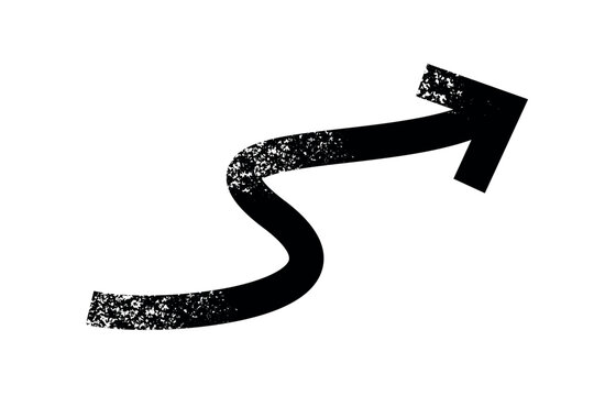 Wavy arrow vector icon pointing diagonally up with black textured grunge effect. Isolated vector illustration of a direction pointer symbol, ideal for UI, web design, notes