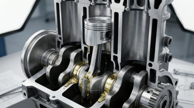 Cross section of a modern four cylinder combustion engine showing internal pistons and crankshaft bathed in clean synthetic motor oil