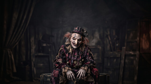Sinister scary clown sits in a dark attic room