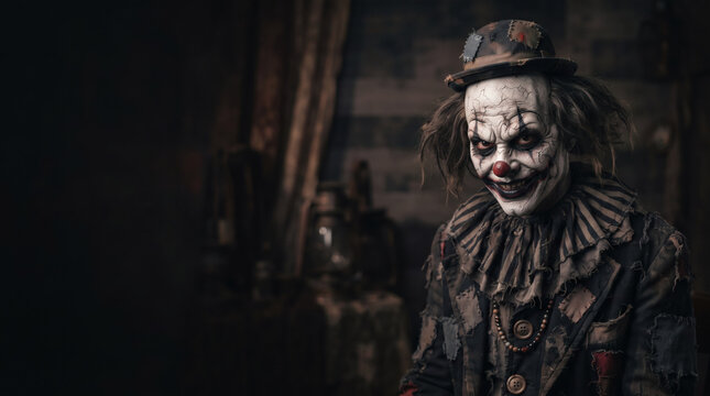 Scary evil clown smiling in a dark cinematic room