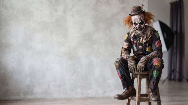 Scary evil clown sitting on a wooden stool in studio