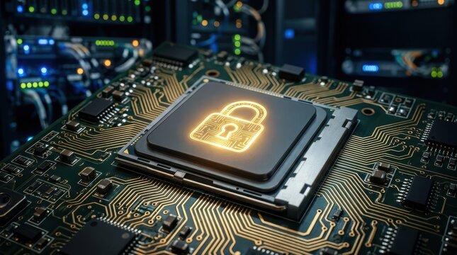 Cyber security concept featuring a glowing digital padlock symbol on a central computer processor chip surrounded by complex circuit board paths in a