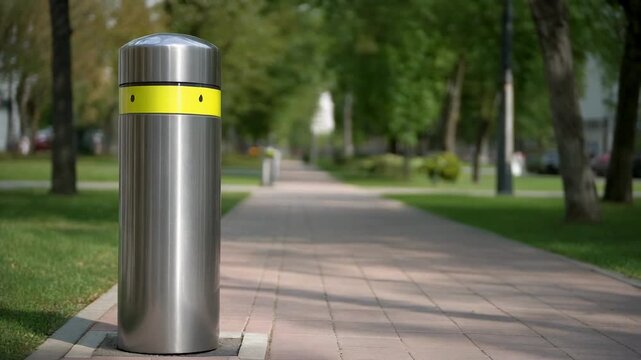 Steel bollard with yellow warning sign on paved park path surrounded by green trees during daytime