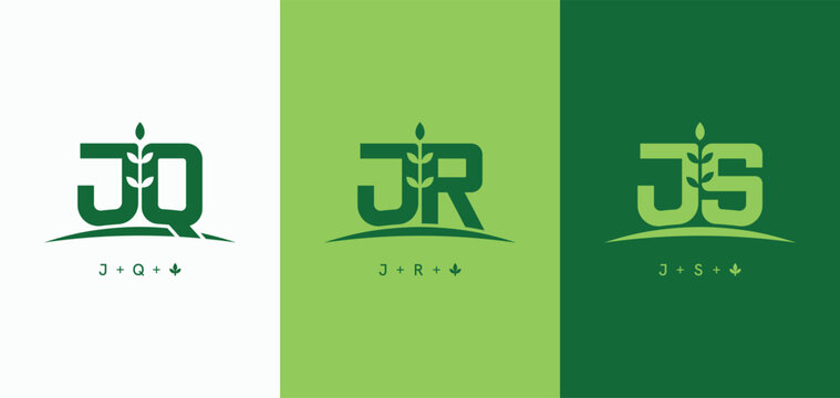 Set of initials letter JQ, JR, and JS with grow plant logo design. JQ JR JS monogram agriculture farm symbol logo sign